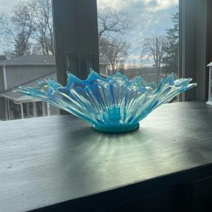 13" FOSTORIA Heirloom Blue Opalescent Large Crimped Decorative Bowl Centerpiece